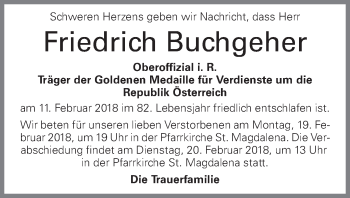 Traueranzeige von Friedrich Buchgeher von OÖNachrichten