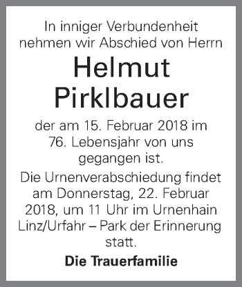 Traueranzeige von Helmut Pirklbauer von OÖNachrichten