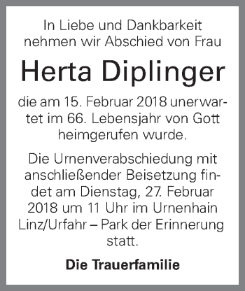 Traueranzeige von Herta Diplinger von OÖNachrichten