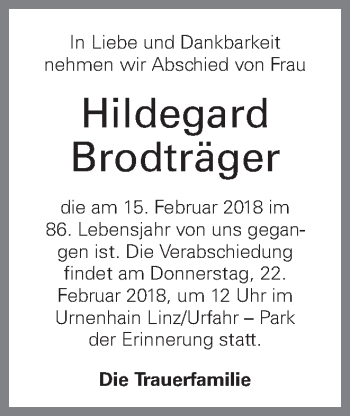 Traueranzeige von Hildegard Brodträger von OÖNachrichten