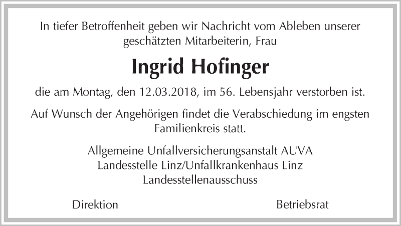 Traueranzeige für Ingrid Hofinger vom 17.03.2018 aus OÖNachrichten