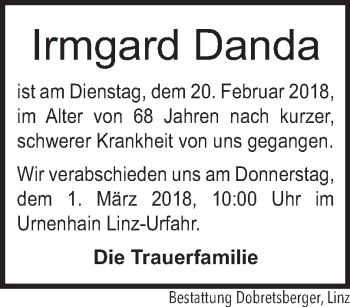 Traueranzeige von Irmgard Danda von OÖNachrichten