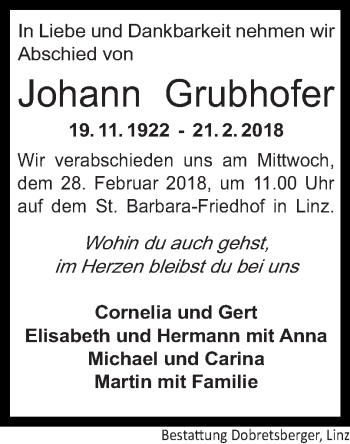 Traueranzeige von Johann Grubhofer von OÖNachrichten