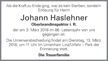 Traueranzeige von Johann Haslehner von OÖNachrichten