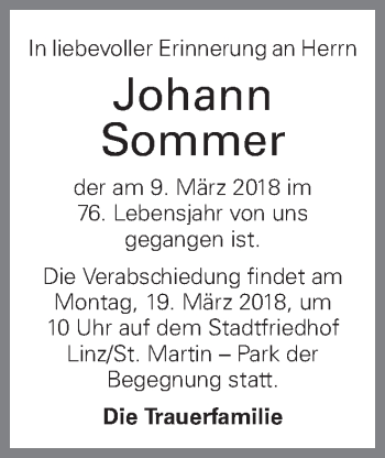 Traueranzeige von Johann Sommer von OÖNachrichten