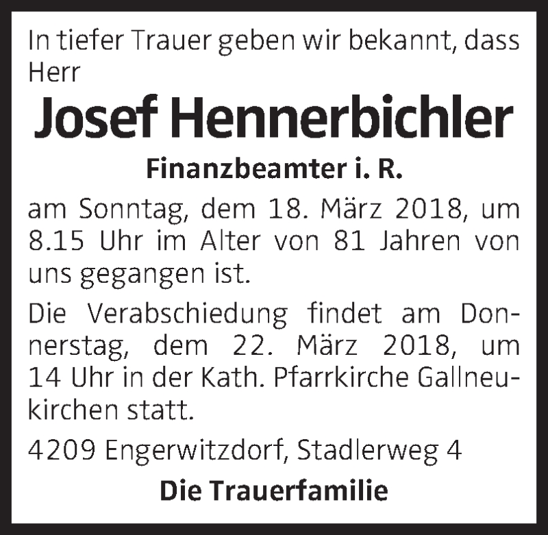  Traueranzeige für Josef Hennerbichler vom 20.03.2018 aus OÖNachrichten