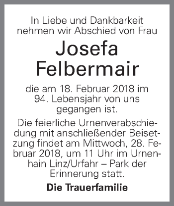 Traueranzeige von Josefa Felbermair von OÖNachrichten