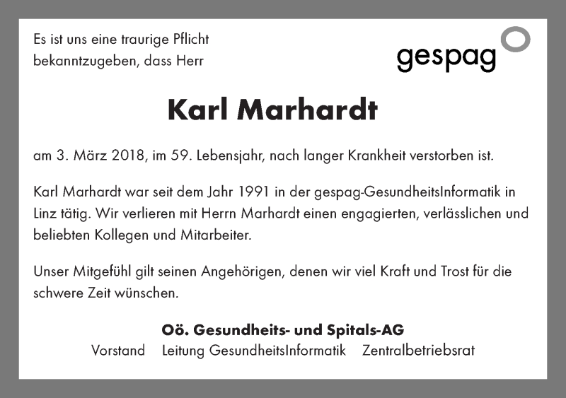  Traueranzeige für Karl Marhardt vom 14.03.2018 aus OÖNachrichten