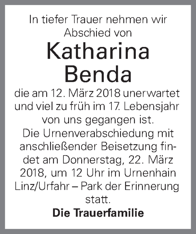  Traueranzeige für Katharina Benda vom 17.03.2018 aus OÖNachrichten