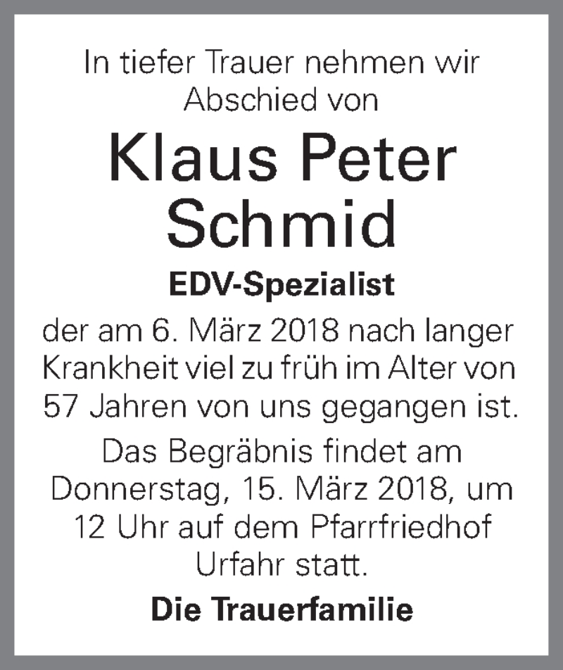  Traueranzeige für Klaus Peter Schmid vom 10.03.2018 aus OÖNachrichten