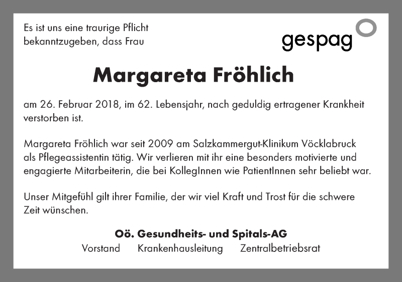  Traueranzeige für Margareta Fröhlich vom 08.03.2018 aus OÖNachrichten
