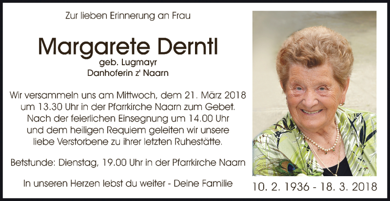  Traueranzeige für Margarete Derntl vom 20.03.2018 aus OÖNachrichten
