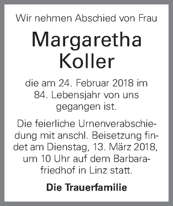 Traueranzeige von Margaretha Koller von OÖNachrichten