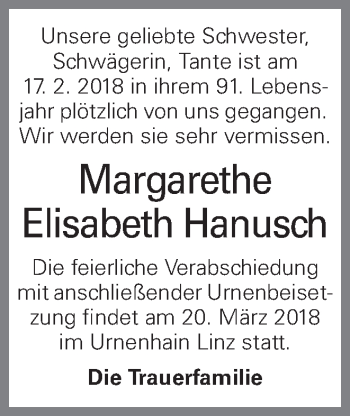 Traueranzeige von Margarethe Elisabeth Hanusch von OÖNachrichten
