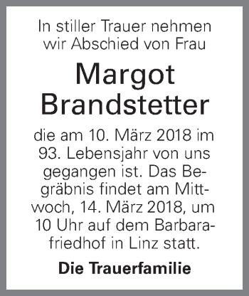 Traueranzeige von Margot Brandstetter von OÖNachrichten