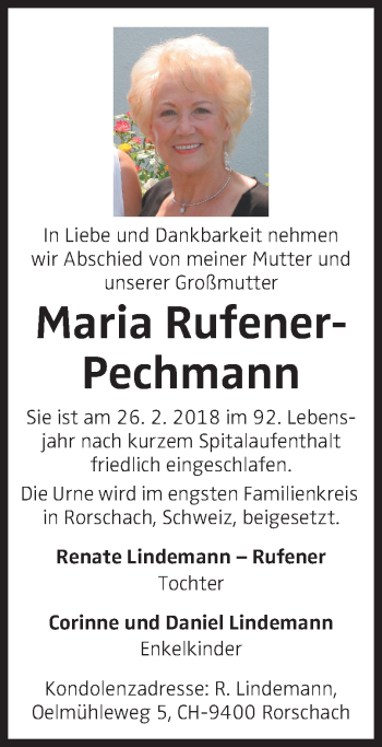 Traueranzeige von Maria Rufener-Pechmann von OÖNachrichten