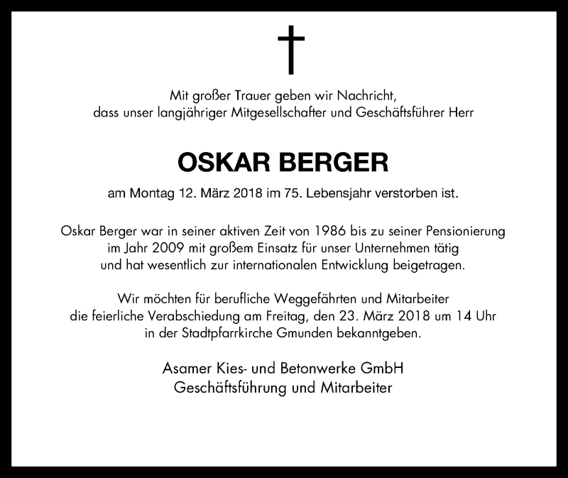  Traueranzeige für Oskar Berger vom 19.03.2018 aus OÖNachrichten