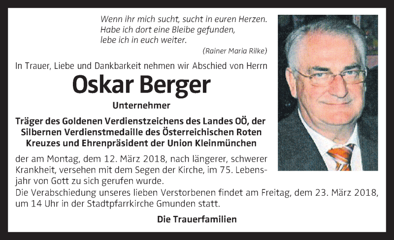  Traueranzeige für Oskar Berger vom 16.03.2018 aus OÖNachrichten