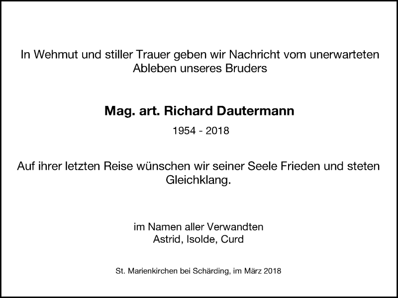  Traueranzeige für Richard Dautermann vom 09.03.2018 aus OÖNachrichten