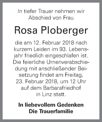 Traueranzeige von Rosa Ploberger von OÖNachrichten