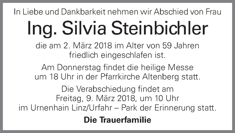  Traueranzeige für Silvia Steinbichler vom 07.03.2018 aus OÖNachrichten