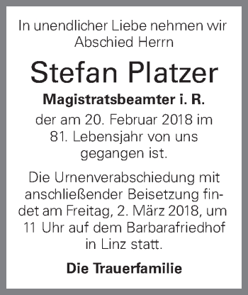 Traueranzeige von Stefan Platzer von OÖNachrichten