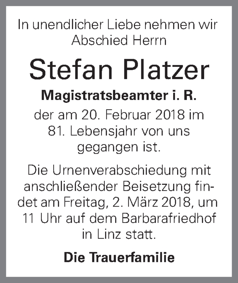 Traueranzeige für Stefan Platzer vom 24.02.2018 aus OÖNachrichten