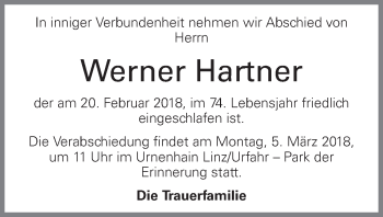 Traueranzeige von Werner Hartner von OÖNachrichten