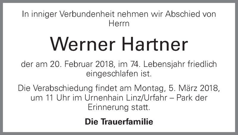  Traueranzeige für Werner Hartner vom 24.02.2018 aus OÖNachrichten