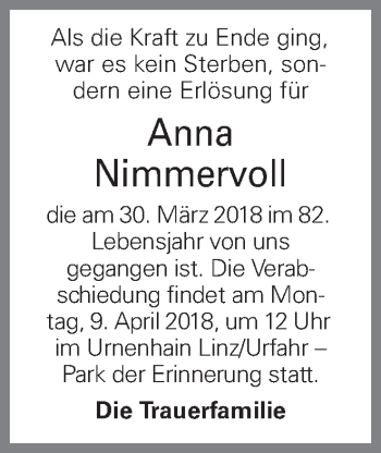 Traueranzeige von Anna Nimmervoll von OÖNachrichten