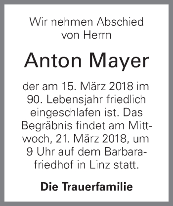 Traueranzeige von Anton Mayer von OÖNachrichten