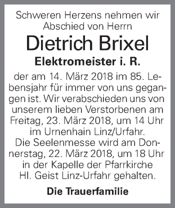 Traueranzeige von Dietrich Brixel von OÖNachrichten