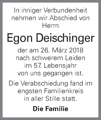 Traueranzeige von Egon Deischinger von OÖNachrichten