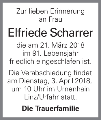 Traueranzeige von Elfriede Scharrer von OÖNachrichten