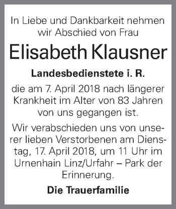 Traueranzeige von Elisabeth Klausner von OÖNachrichten