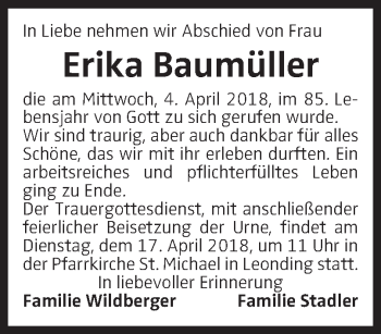 Traueranzeige von Erika Baumüller von OÖNachrichten