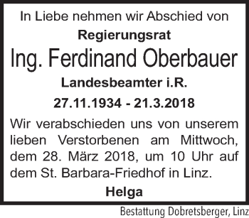 Traueranzeige von Ferdinand Oberbauer von OÖNachrichten