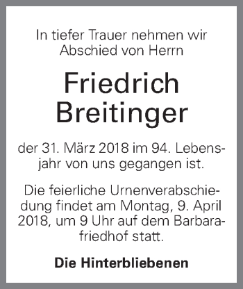 Traueranzeige von Friedrich Breitinger von OÖNachrichten