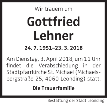 Traueranzeige von Gottfried Lehner von OÖNachrichten