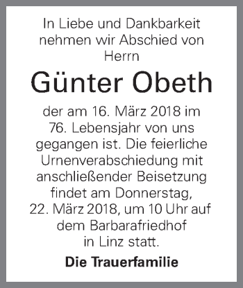 Traueranzeige von Günter Obeth von OÖNachrichten