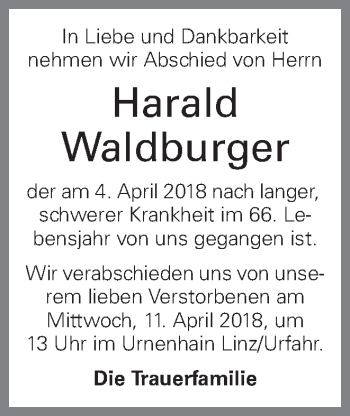 Traueranzeige von Harald Waldburger von OÖNachrichten