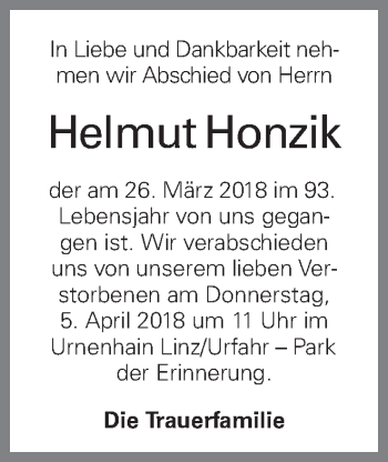 Traueranzeige von Helmut Honzik von OÖNachrichten