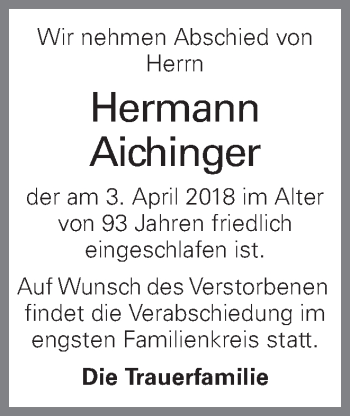 Traueranzeige von Hermann Aichinger von OÖNachrichten