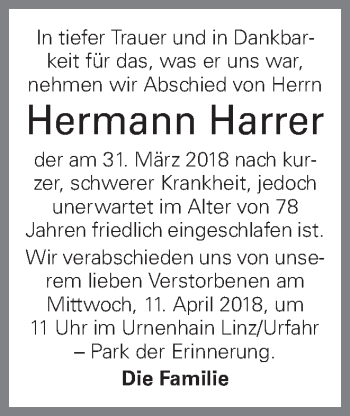 Traueranzeige von Hermann Harrer von OÖNachrichten