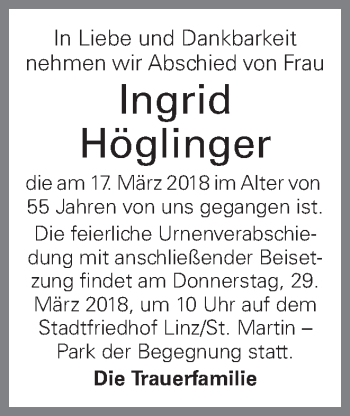 Traueranzeige von Ingrid Höglinger von OÖNachrichten