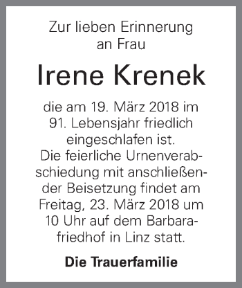 Traueranzeige von Irene Krenek von OÖNachrichten
