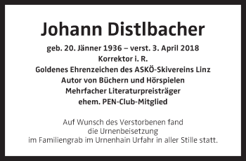 Traueranzeige von Johann Distlbacher von OÖNachrichten