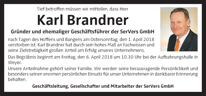  Traueranzeige für Karl Brandner vom 05.04.2018 aus OÖNachrichten