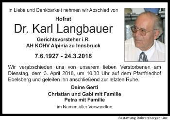 Traueranzeige von Karl Langbauer von OÖNachrichten