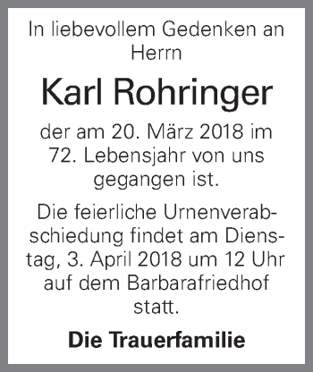 Traueranzeige von Karl Rohringer von OÖNachrichten